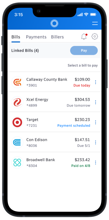 Quickly see and manage all bills in one place phone animation